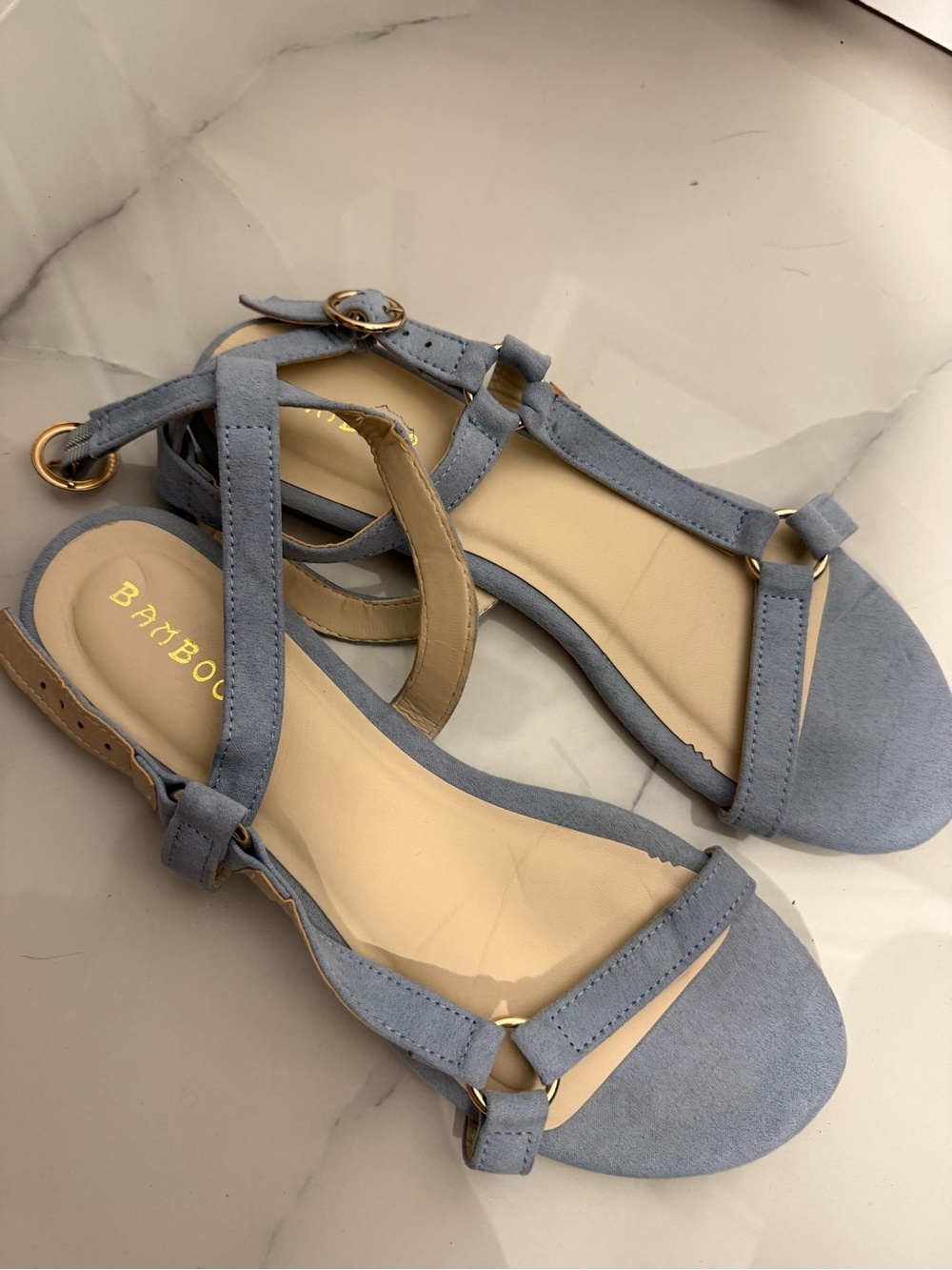BAMBOO Light Blue Suede T-Strap Sandals
